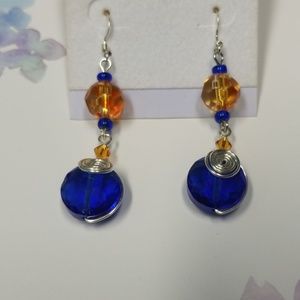 Sterling Silver Blue & Gold Dangle Earrings